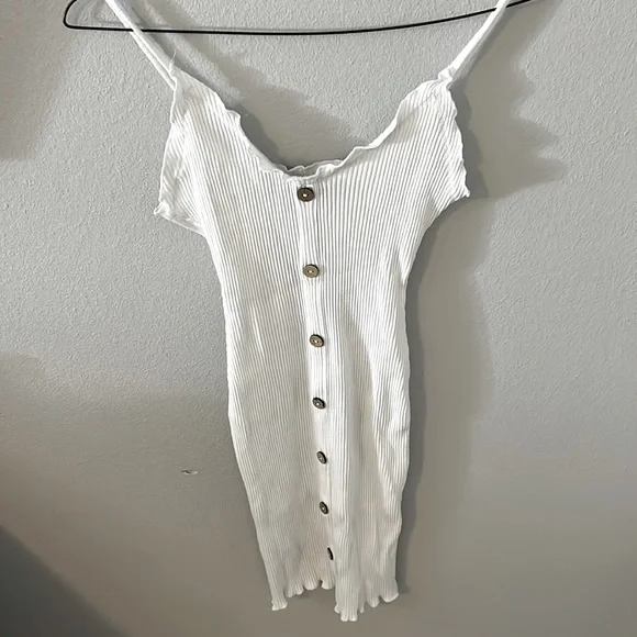 white summer button-up corduroy ribbed mini midi dress sz. medium - Picture 2 of 4